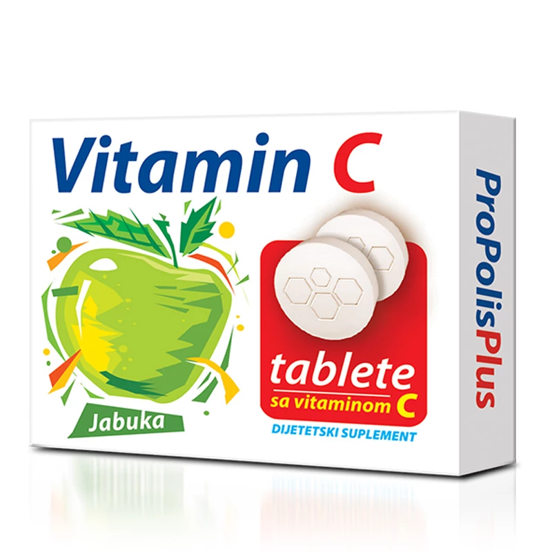 <span>VITAMIN C TABLETE - JABUKA</span><br>imunostimulator, jačanje organizma, ubrzavanje oporavka, povećanje apsorpcije gvožđa, simptomi prehlade i gripa, virusne i bakterijske infekcije