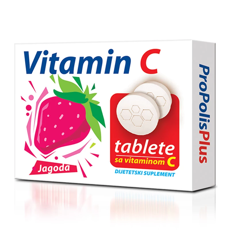 <span>VITAMIN C TABLETE - JAGODA</span><br>imunostimulator, jačanje organizma, ubrzavanje oporavka, povećanje apsorpcije gvožđa, simptomi prehlade i gripa, virusne i bakterijske infekcije